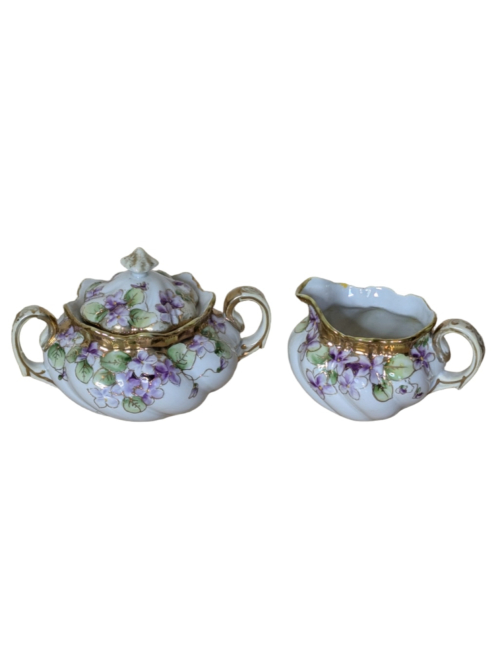 Nippon Hand Painted White & Purple Floral Sugar & Creamer Set Vintage